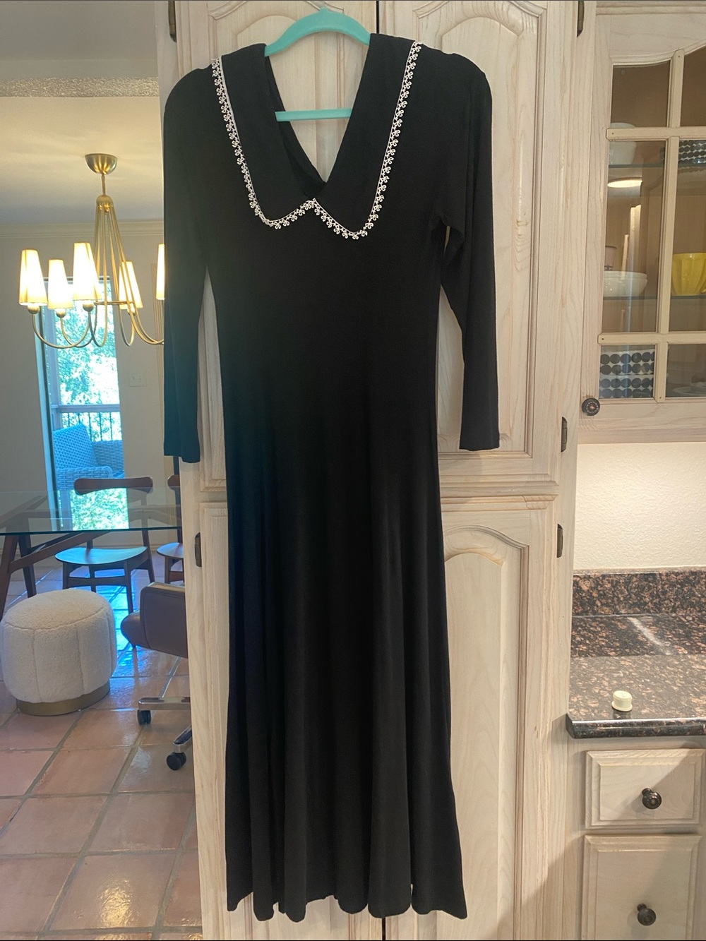 V2 By Versace Black Maxi Dress with Decorative White Collar